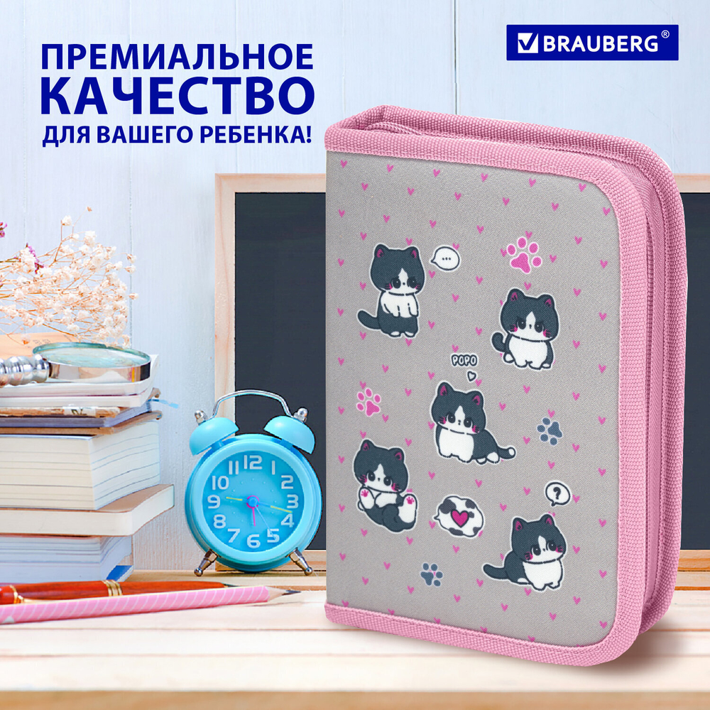 Пенал BRAUBERG 1 отделение полиэстер 21х14 см "Cat patches" (2 штуки в упаковке)