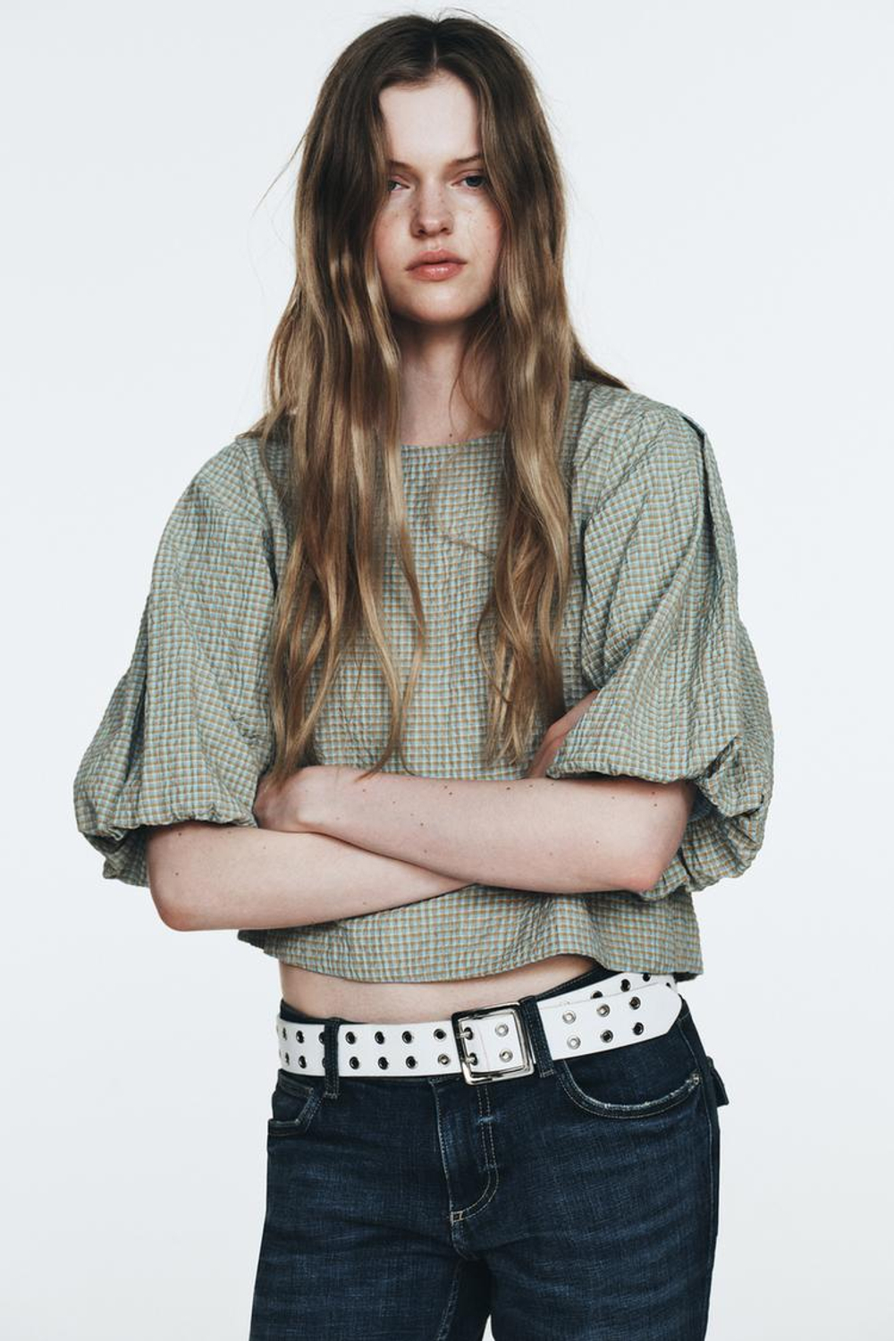 ZARA ТОП В КЛЕТКУ С ОБЪЕМНЫМИ РУКАВАМИ, КОРИЧНЕВО-СИНИЙ