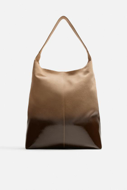 ZARA ЛАКИРОВАННАЯ КОЖАНАЯ СУМКА-ШОПЕР, ПЕСОЧНО-КОРИЧНЕВЫЙ