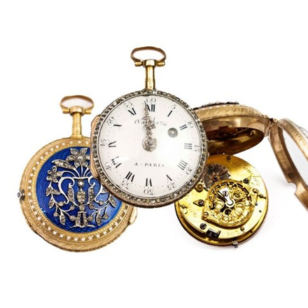 Золотые карманные часы с эмалью и бриллиантами старинной огранки