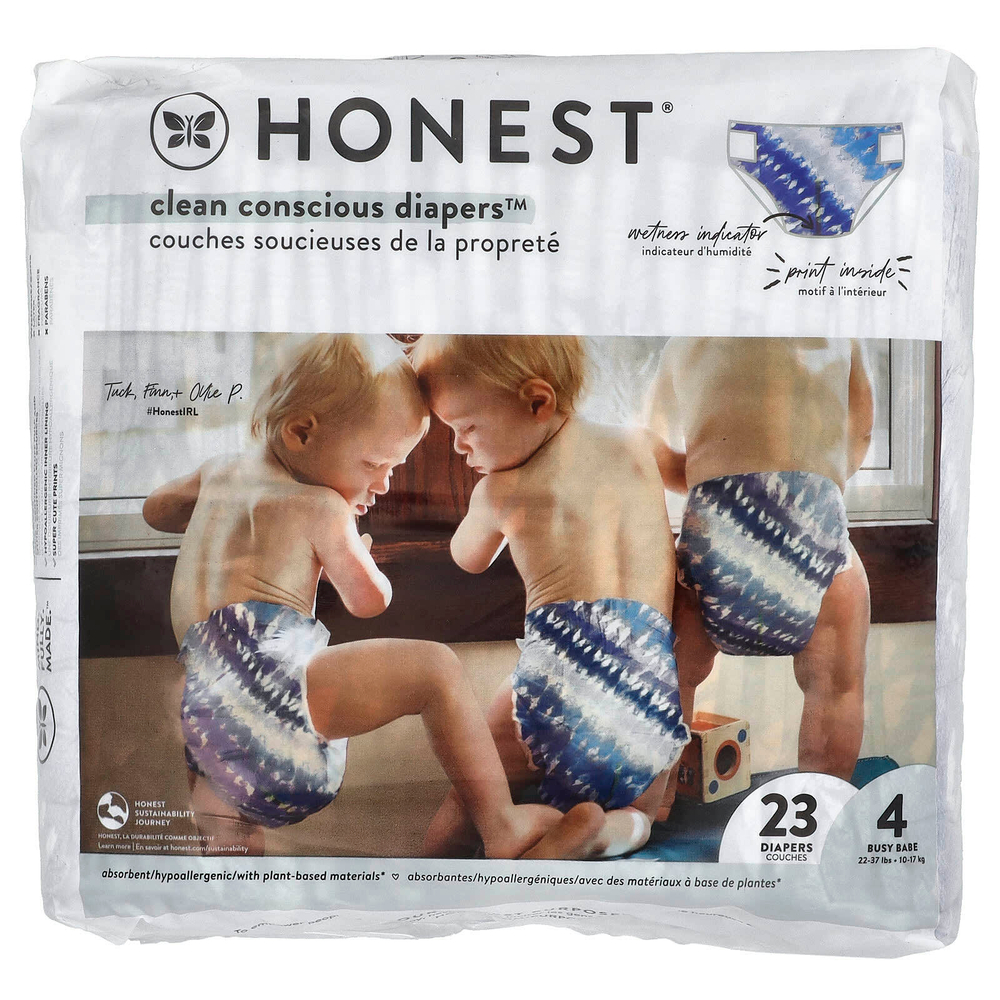 The Honest Company, Clean Conscious Diapers ™, размер 4, 22–37 фунтов, подгузники с красителем, 23 подгузников