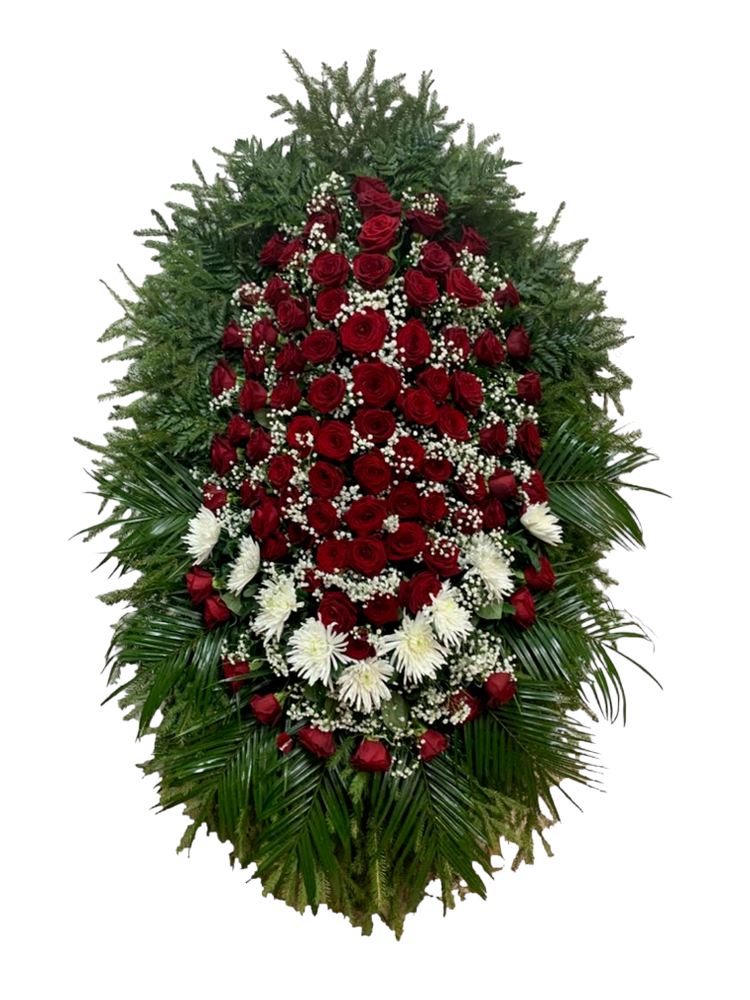 Траурный венок из живых роз и хризантем (ВЖ-31) 180 см.