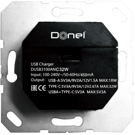 USB зарядное устройство,  3.1A тип A:max 18W, тип С:max 32W,  черный,  серия DUSB