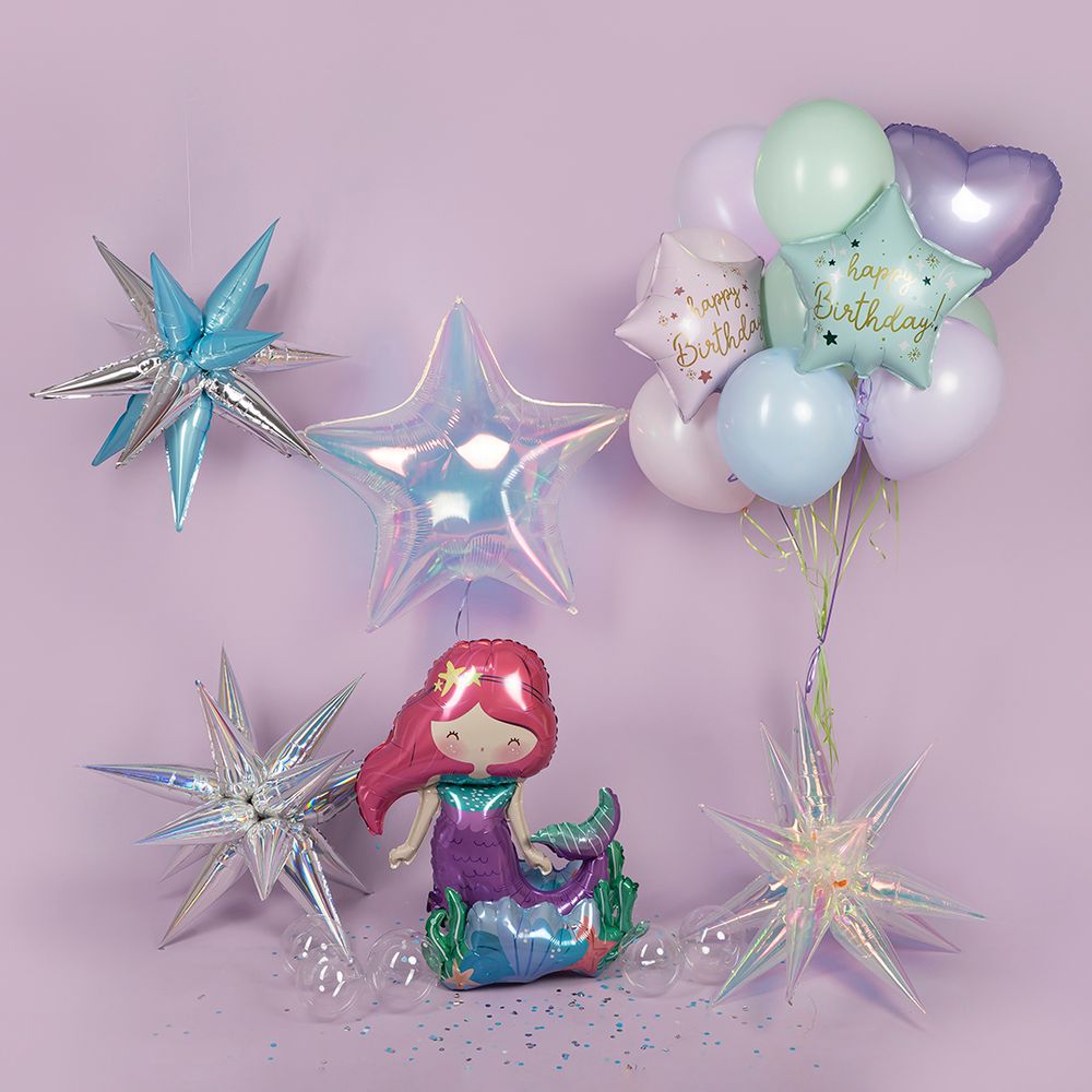 Шар (18''/46 см) Звезда, Happy Birthday (праздничные искры), Светло-голубой, Сатин, 1 шт. в уп.