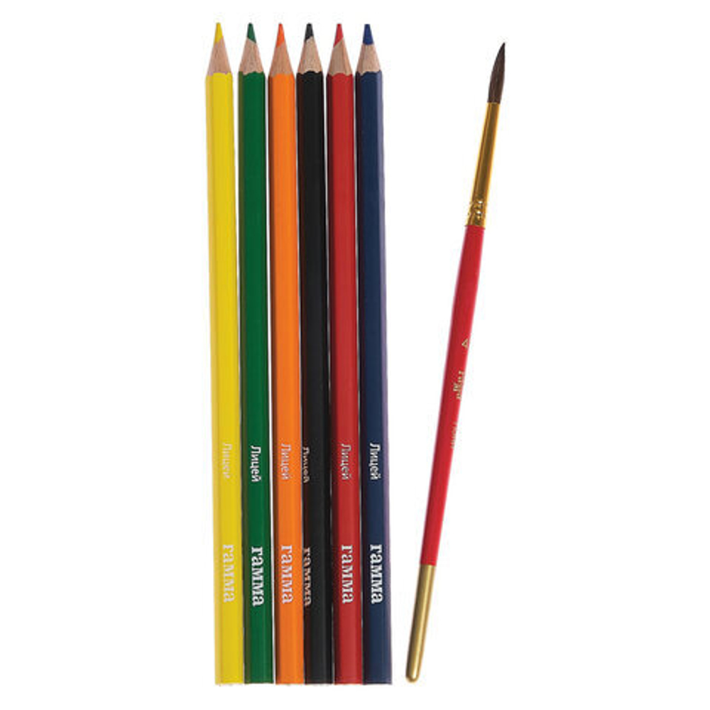 Карандаши акварельные Гамма "Лицей", 06цв., шестигранные, заточен., с кистью, картон. упаковка, европодвес