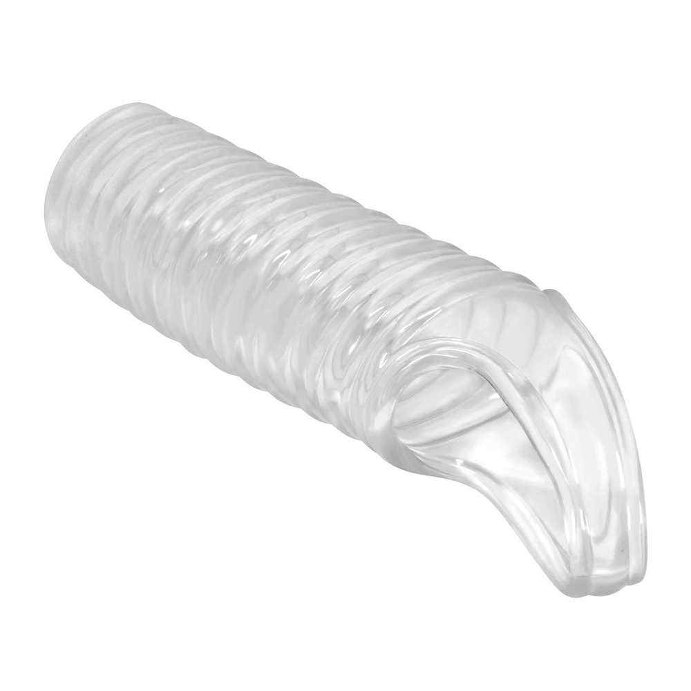Прозрачная насадка на пенис с ребрышками и подхватом мошонки (Цвет: прозрачный)