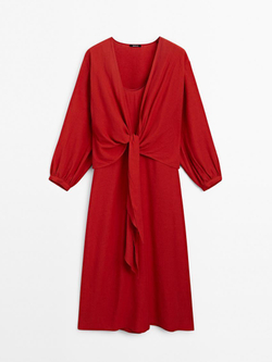 Massimo Dutti Платье миди с узлом на вырезе, красный