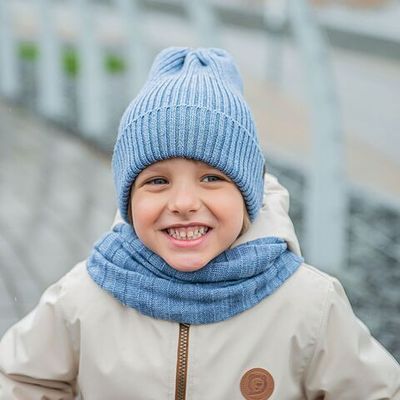 One-ply turn-up beanie hat of blend yarn - Blue Melange