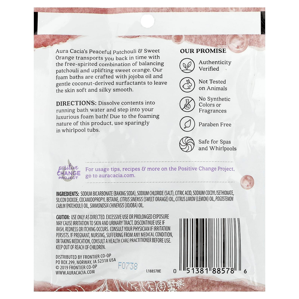 Aura Cacia, Ароматерапевтическая пенка для ванн, пачули и сладкий апельсин, успокаивающее, 70,9 г (2,5 унции)