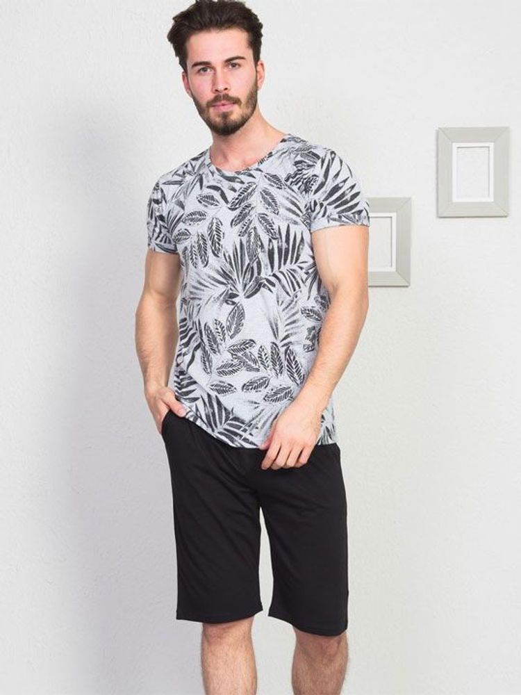 Мужской домашний комплект с принтом (Размер: XL) (Цвет: серый с чёрным)