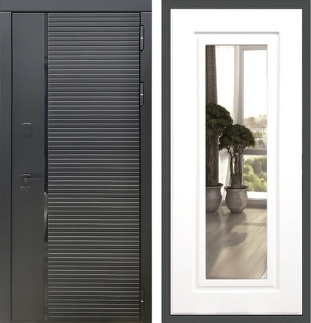 Входная металлическая дверь с зеркалом Рекс 30 Кварц черный / зеркало ФЛЗ-120  Силк сноу ( белый матовый, без текстуры)