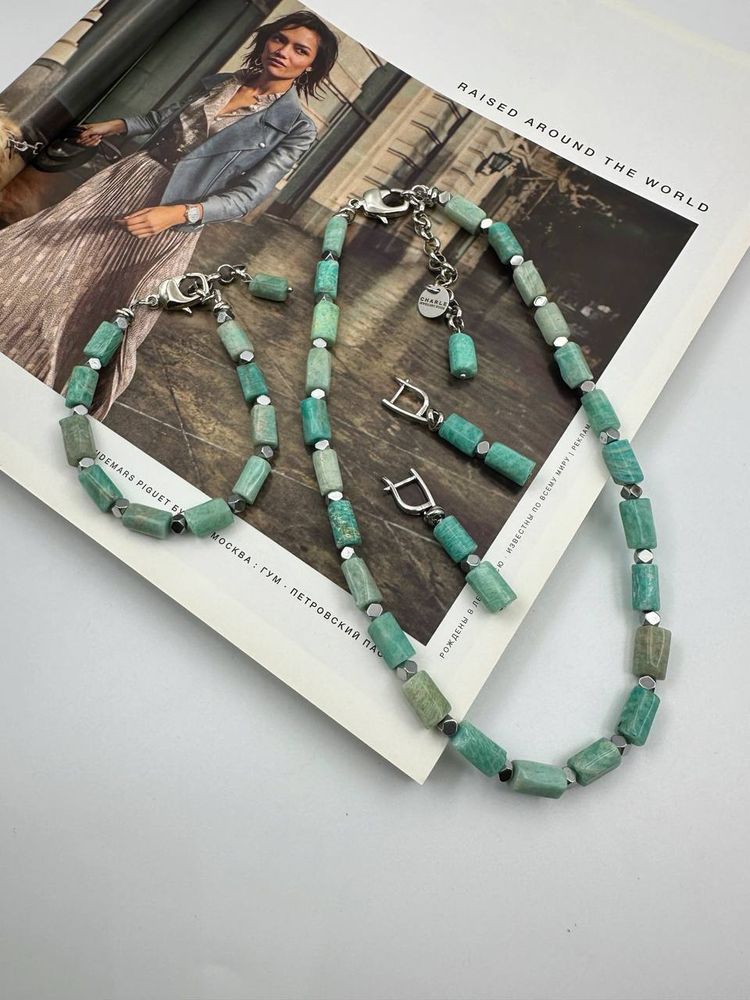 Браслет с амазонитом и гематитом, оттенок серебро