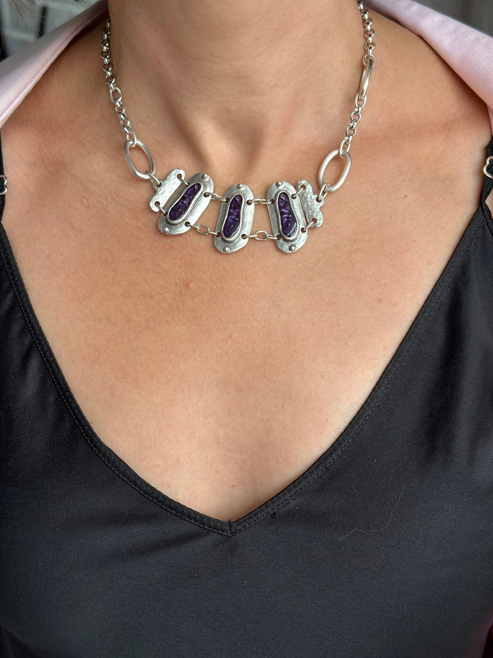 HMG MT Enamel Silver Колье chain mix арт.1490, с лавандовой эмалью