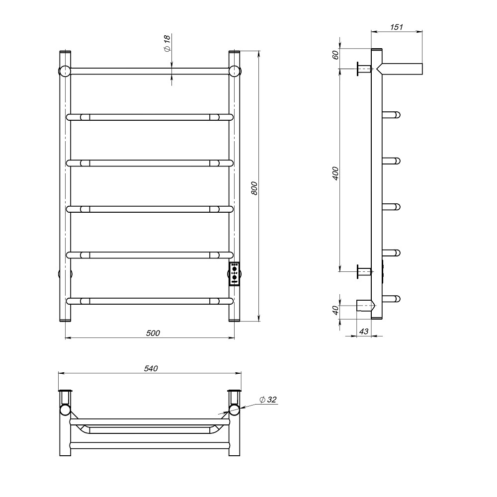 Полотенцесушитель MIXLINE MIRA  80х50 (таймер, 336 Вт, 5 перекладин + ПОЛКА) электрический БЕЛЫЙ