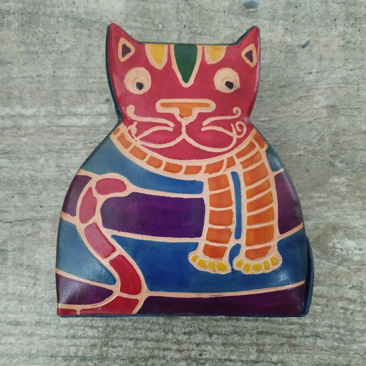 Копилка под мелочь " Кошка", цвет синий, натуральная кожа ручной принт