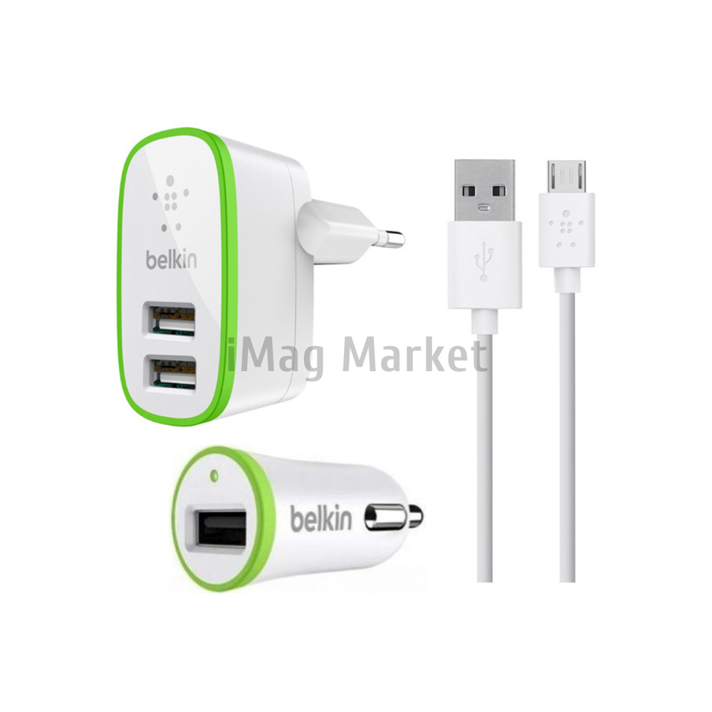 Автомобильное зарядное устройство Belkin, 1 USB-A, 10W, 2.1A + сетевое зарядное устройство, 2 USB-A, 10W, 2.1A + кабель micro-USB, 1.2 м, белый (no original)