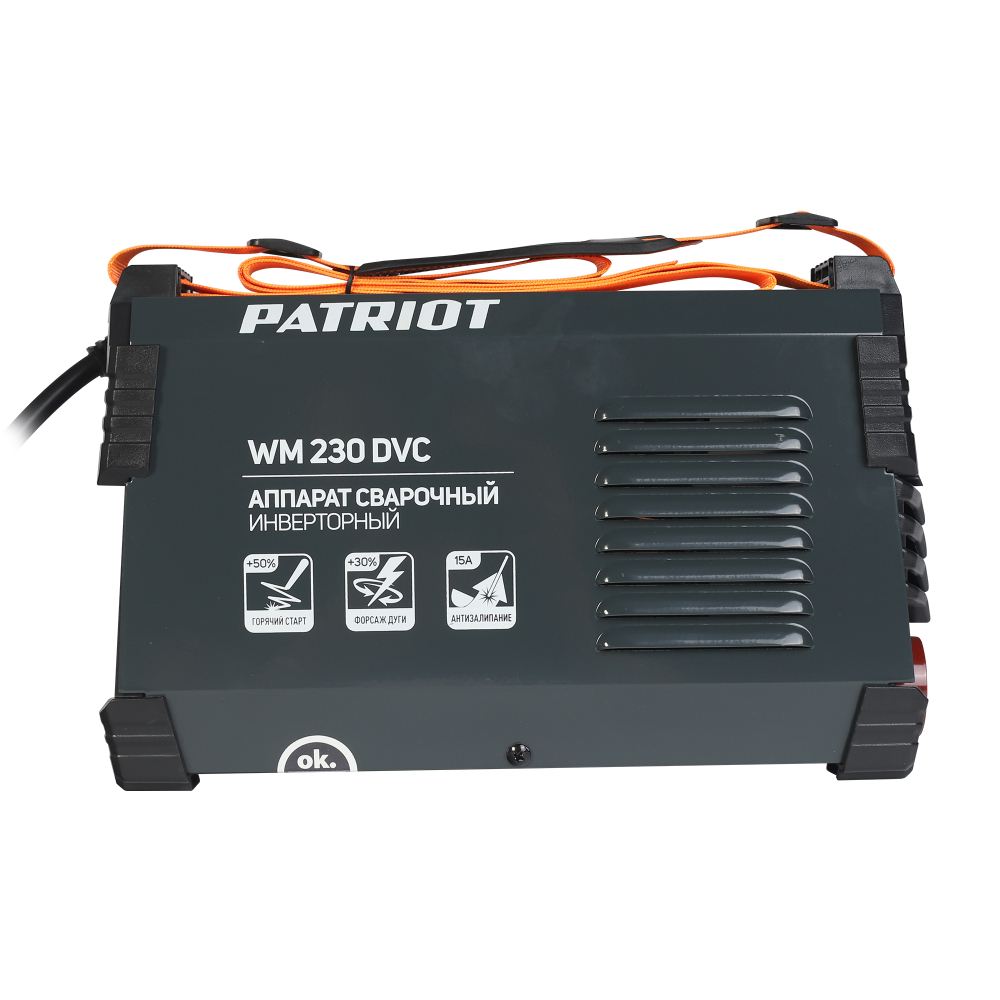 Аппарат сварочный инверторный PATRIOT WM 230 DVC MMA, входное напряжение: 1ф,140-240В;сварочный ток макс: 230A; ПВ при макс. токе: 70%, дисплей,кейс, ARC FORCE, ANTI STICK,HOT START, VRD, Электроды Patriot ЭР-46, 3мм, 1 кг
