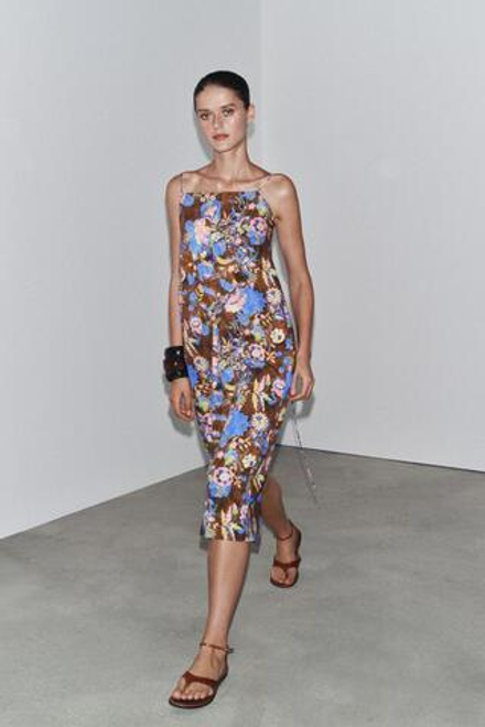 ZARA ПЛАТЬЕ ИЗ ПОПЛИНА С ПРИНТОМ — ZW COLLECTION, КОРИЧНЕВО-СИНИЙ