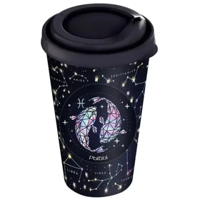 Стакан с крышкой 550мл с декором (синий) Знаки Зодиака