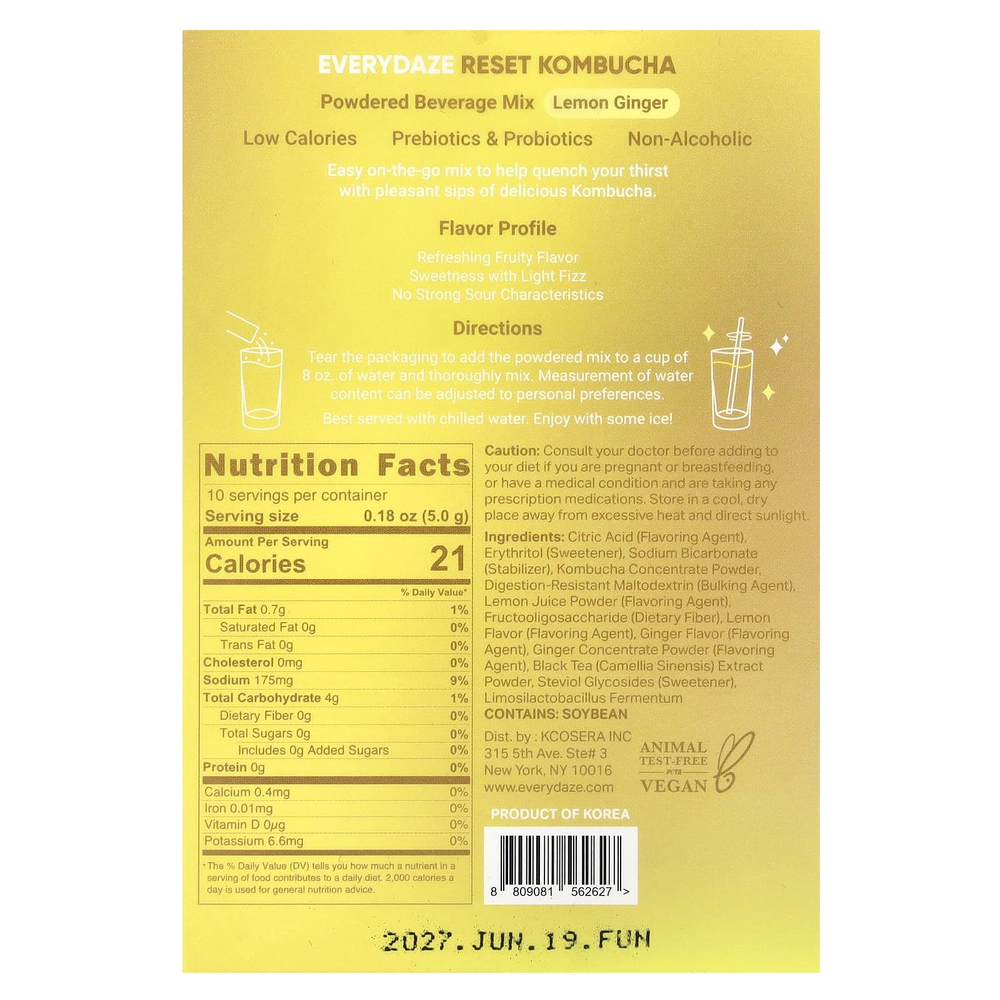 Everydaze, Reset Kombucha, порошковая смесь для напитков, лимонный имбирь, 10 пакетиков по 5 г (0,18 унции)