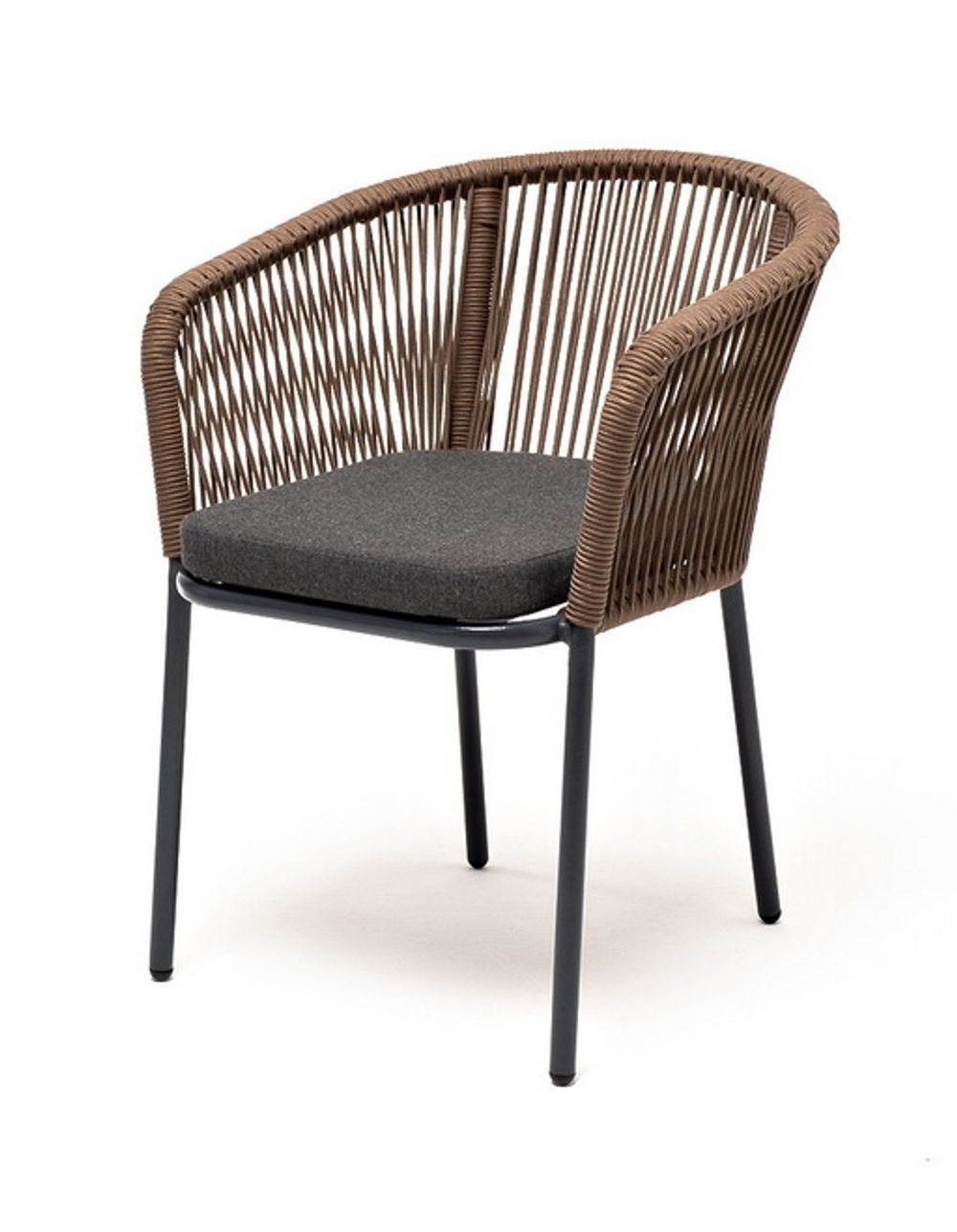 "Марсель" стул плетеный из роупа, каркас алюминий серый (RAL7022) муар, роуп коричневый круглый, ткань темно-серая 027