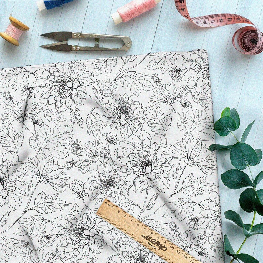 Ткань кулирная гладь нарисованные георгины на белом фоне