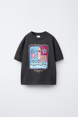 ZARA ФУТБОЛКА С ПРИНТОМ «СЕРФИНГ», АНТРАЦИТОВО-СЕРЫЙ