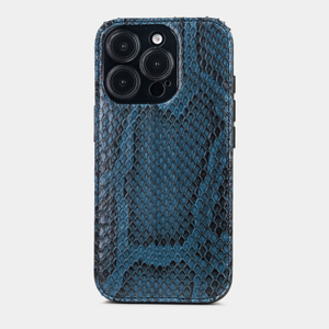 Чехол-накладка кожаная для iPhone 16 Pro, питон синего цвета