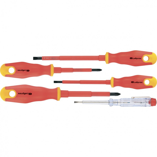 12937 Набор отверток диэлектрических до 1000 В, 5 шт, тестер, CrV, двухкомпонентные рукоятки Сибртех