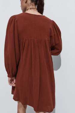 ZARА КОРОТКОЕ ПЛАТЬЕ С ВЫШИВКОЙ, ТЕРРАКОТОВЫЙ