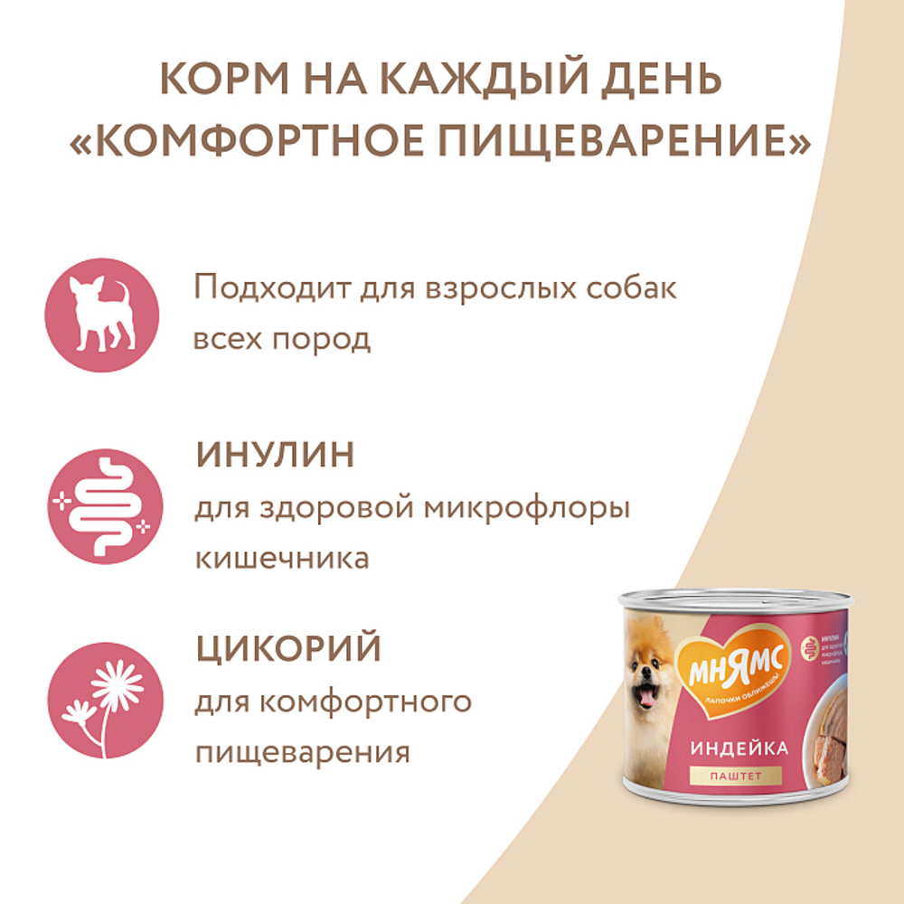 Влажный корм консервы для собак «КОМФОРТНОЕ ПИЩЕВАРЕНИЕ» Мнямс на каждый день паштет из индейки 0,2кг 12 шт