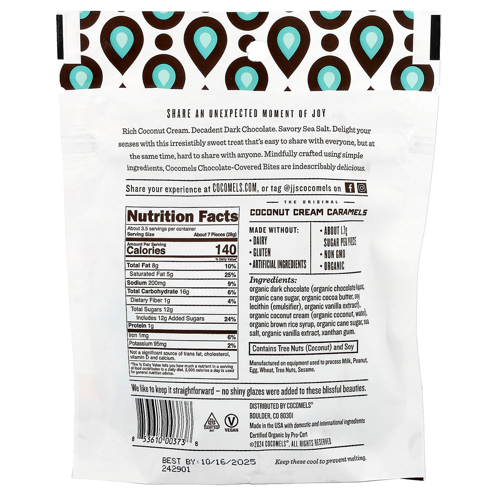 Cocomels, Bites, морская соль в темном шоколаде, 99 г (3,5 унции)