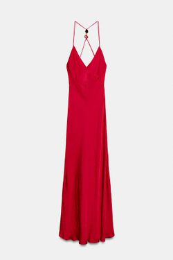 ZARA АТЛАСНОЕ ПЛАТЬЕ МИДИ С БУСИНАМИ, КЛУБНИЧНЫЙ