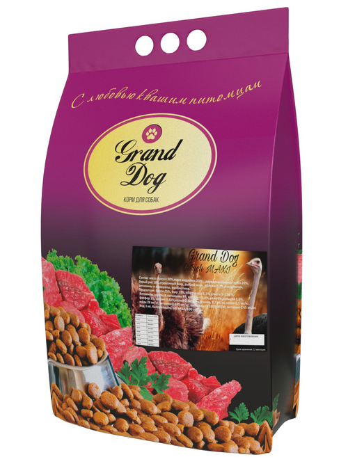 Grand dog корм сухой для взрослых собак крупных пород мясо страуса