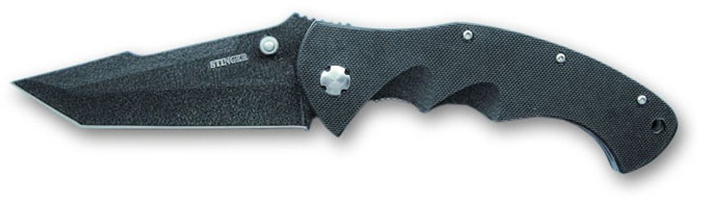 Мужской брутальный чёрный складной нож в военном стиле с клинком 93 мм с чёрной рукояткой из пластика в коробке Stinger G10-7805B