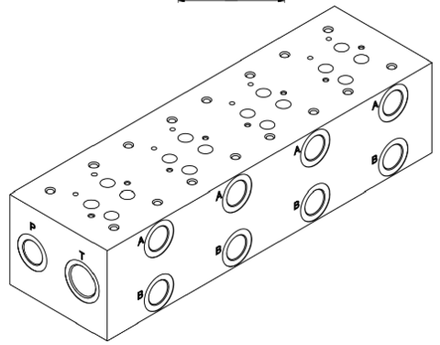 EM207/4Y - Плита для распределителей и клапанов Ду16, четырехместная, ISO 4401-07 / CETOP07, P-A-B= G1", T=G11/4", MA-MB=G1/4", сбоку