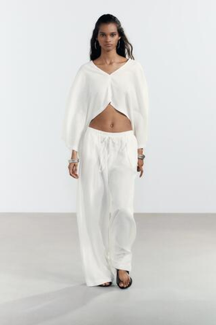 ZARA БРЮКИ ПАЛАЦЦО ИЗ СМЕСОВОГО ЛЬНА, ЖЕЛТОВАТО-БЕЛЫЙ