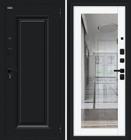 Входная дверь в квартиру с зеркалом Браво (Bravo) Флэш SBlack Букле черное/White Silk