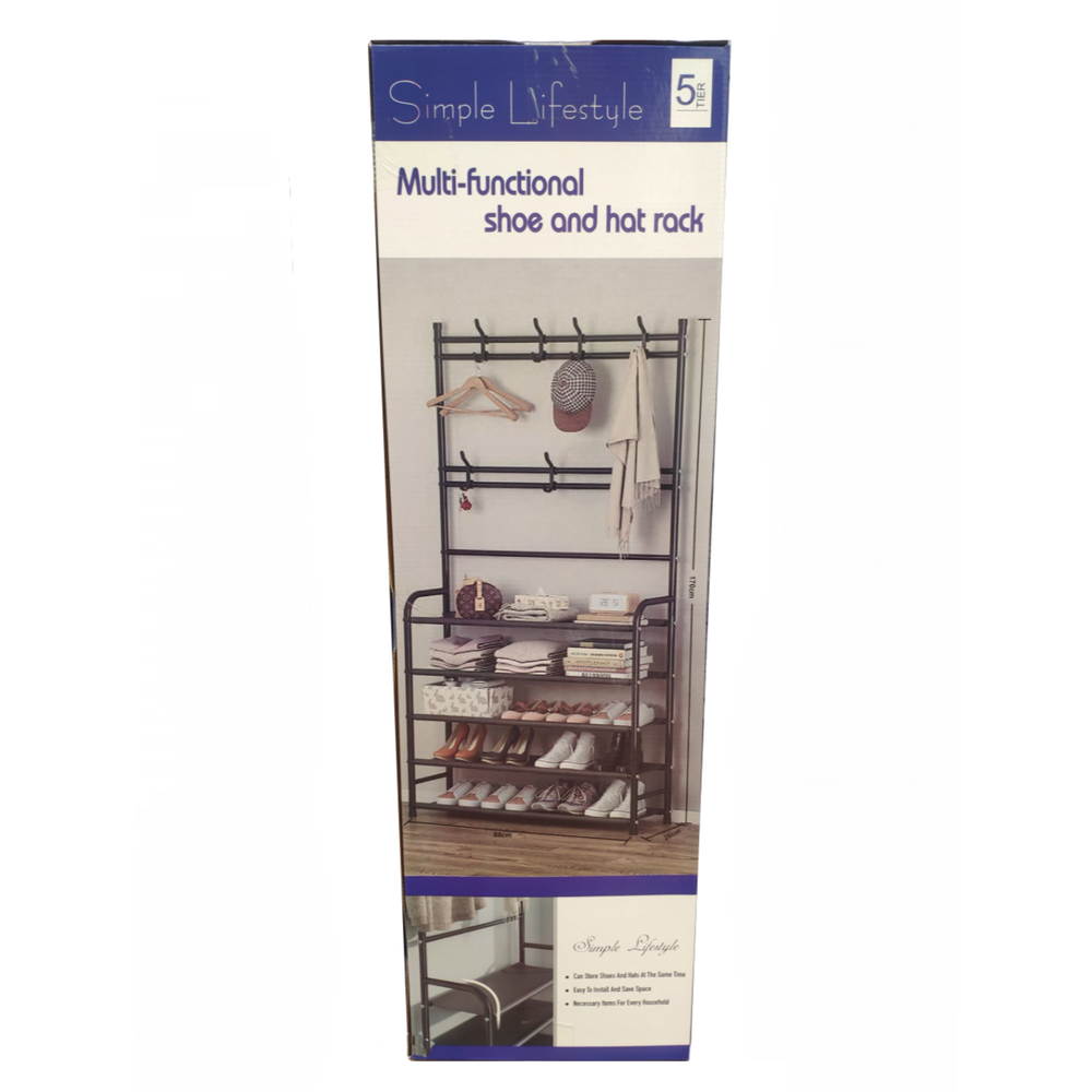 Напольная вешалка для одежды, с этажеркой для обуви 2в1 "Multi-functional shoe and hat rack" 5ярусов - 60×26×170 / 80х26х170см
