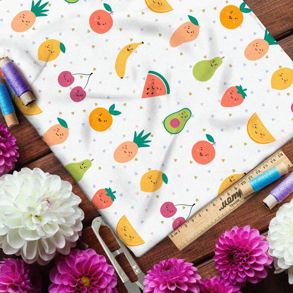 Ткань интерлок сочные фрукты и овощи на белом фоне