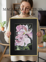 Картина авторская масляной пастелью в золотистой раме 30х40 см на стену для интерьера "Дикий пион"