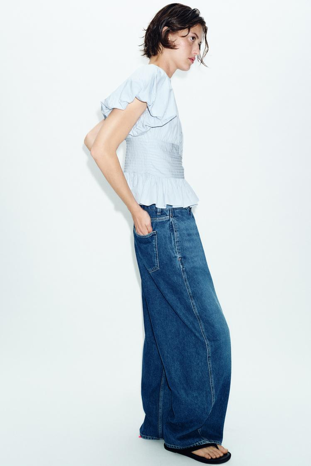 ZARA БЛУЗА С ЗАЩИПАМИ И РУКАВАМИ-БУФФ, НЕБЕСНО-ГОЛУБОЙ