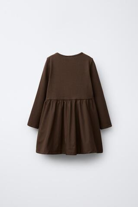 ZARA КОМБИНИРОВАННОЕ ПЛАТЬЕ В РУБЧИК С БАНТОМ, ШОКОЛАДНЫЙ