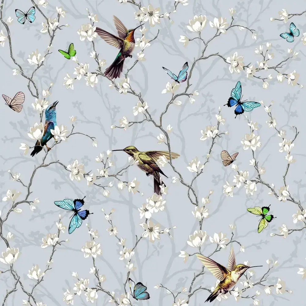 Обои бумажные компаньоны с цветами сочетаются с голубым фоном, ширина 0.53 м, Обои с птичками