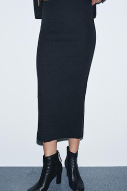 ZARA ЮБКА МИДИ ИЗ МЯГКОЙ ТКАНИ, ЧЕРНЫЙ МЕЛАНЖ