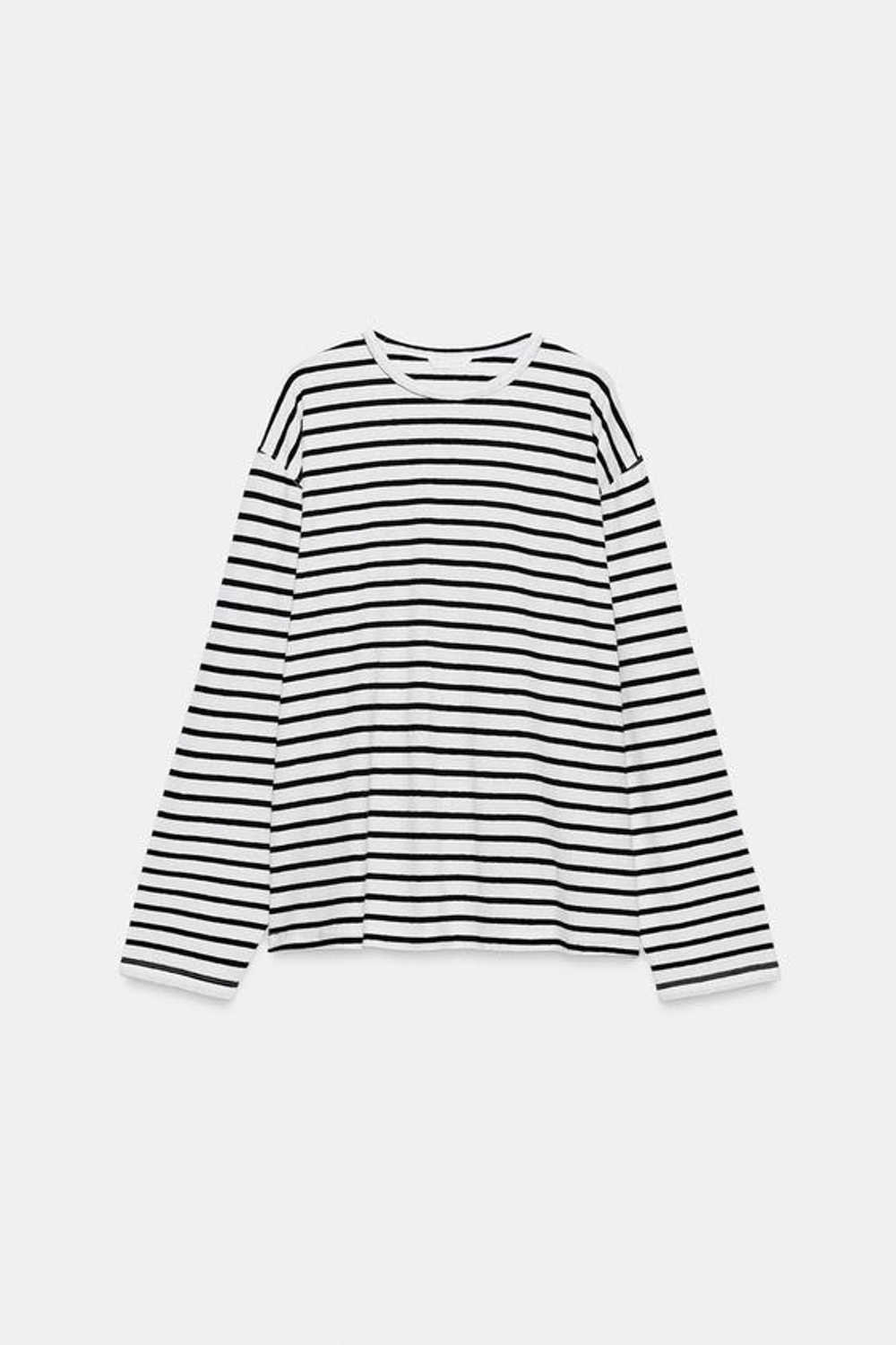 ZARA ФУТБОЛКА ИЗ ХЛОПКА И ЛЬНА В ПОЛОСКУ, ЧЕРНЫЙ/БЕЛЫЙ