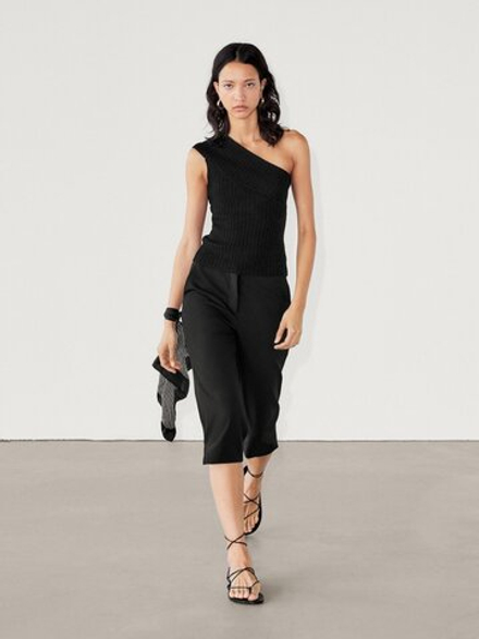 Massimo Dutti Трикотажный топ асимметричного кроя в рубчик, черный