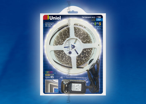 ULS-3528-60LED/m-8mm-IP54-DC12V-WW Лента светодиодная UNIEL. Серия «Готовые решения» - катушка 5 м в блистере. В комплекте с адаптером. IP54. Теплый б