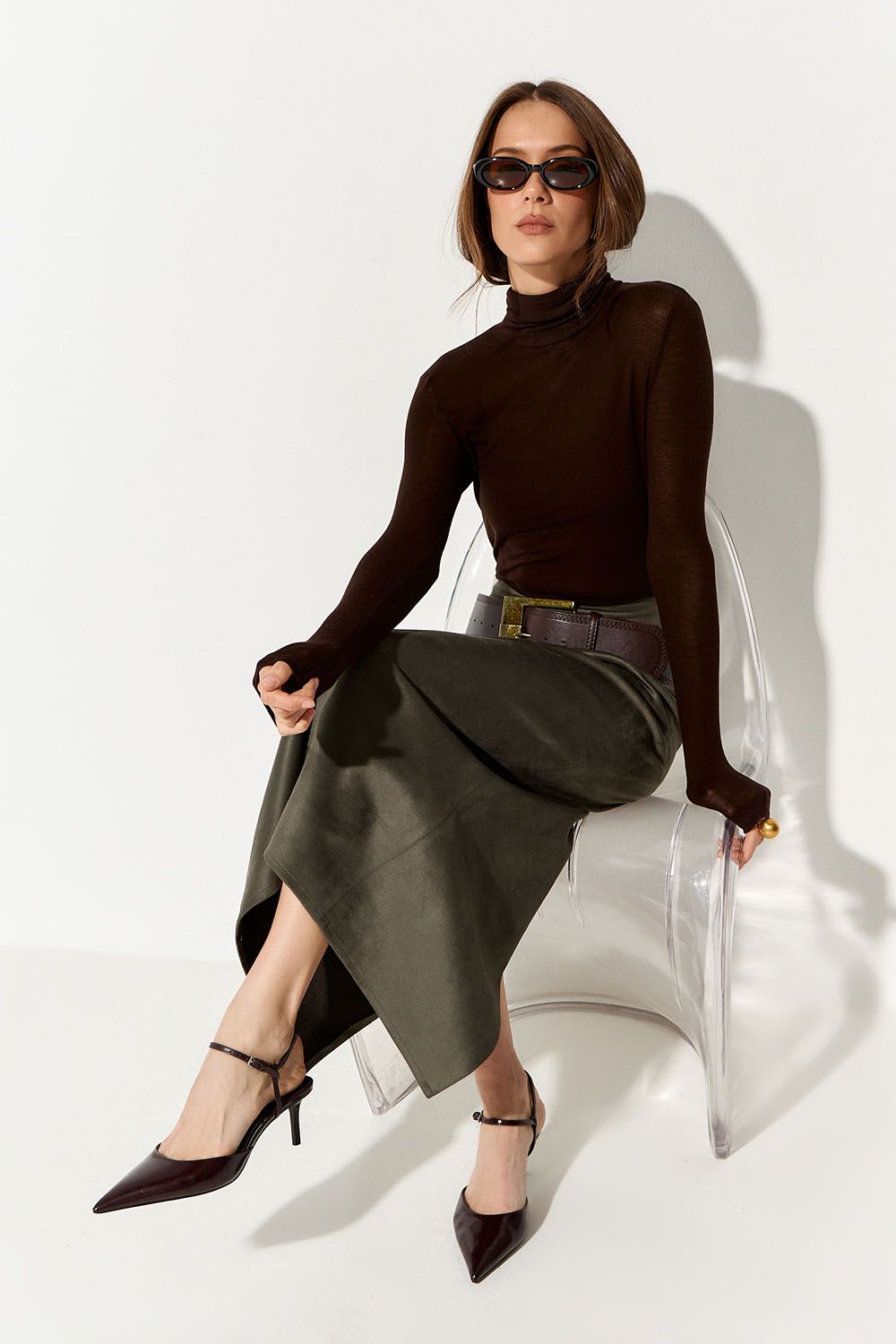 Юбка карандаш из экозамши цвета хаки