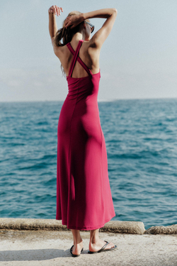 ZARA ДЛИННОЕ ПЛАТЬЕ ИЗ СТРУЯЩЕЙСЯ ТКАНИ, МАЛИНОВЫЙ